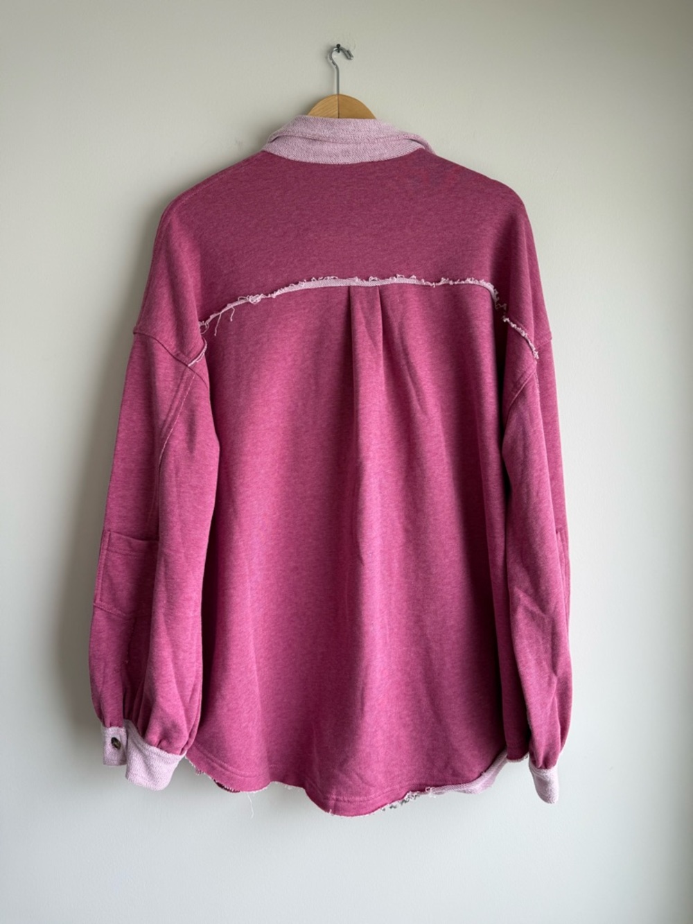 POL Pink French Terry Shacket Raw Hem Button Up Jacket Size Large - Picture 3 of 6
